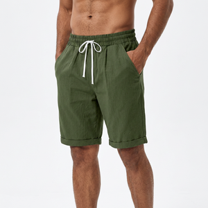 Shorts Bermuda en coton vert uni pour homme avec cordon de serrage à la taille et poches, décontractés, respirants, mi-longs - Product Image 5