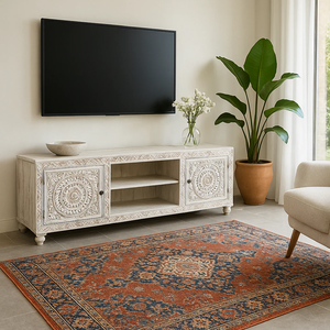 Mueble de TV de Madera Maciza Moderno y de Lujo, con Cajones, Ecológico, Duradero, Ajustable, Tallado a Mano, Acabado Antiguo, para Sala de Estar - Product Image 1