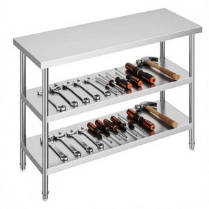 Tavolo da Preparazione Autoportante in Acciaio Inox 304 con Lavello, Ripiani e Piano di Lavoro, Finitura Spazzolata Opaca - Product Image 2