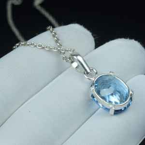 จี้พลอยอะความารีนสีฟ้าธรรมชาติทรงรี เงินแท้ 925 สร้อยคอพลอยสวยงาม - Product Image 2