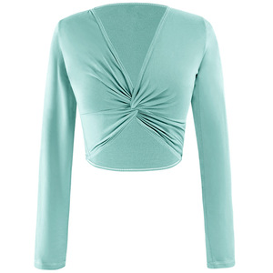 Haut court à manches longues vert menthe pour femme, col en V, froncé, coupe ajustée, tricoté, respirant, pour le printemps et l'été - Product Image 1