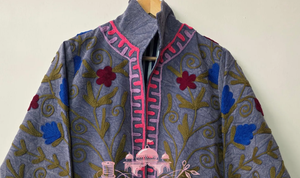 Handcrafted Grey Velvet Suzani Embroidery Woven Breathable Eco-Friendly Premium <b>Quilted</b> Winter Jacket Boho Chic Women Full - Product Image 1