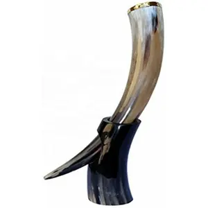 NATURAL POLISHED VIKING DRINKING HORN WITH HORN STAND ROUGH WITH BRASS RIM ON TOP ROUGH DRINKING HORN INDIA
