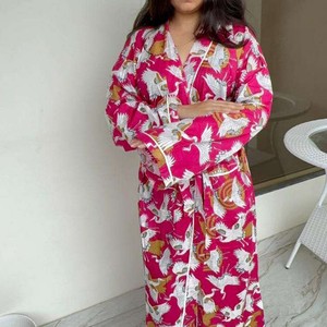 Bata Larga Estampada para Mujer, Estilo Boho, de Algodón Puro, Kimono de Verano, Estampado a Mano, Estilo Indio, para Playa, Cómoda - Product Image 1