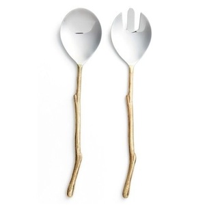Set of Two Golden Eco-Friendly Stainless Steel & Resin Salad <b>Server</b> Set with Leaf Handle for Home Kitchen Use - Product Image 2