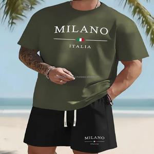 Ensemble 2 pièces d'été pour homme : T-shirt sport décontracté à manches courtes et short en tissu éponge, séchage rapide, tricoté 250g, 100% coton, motifs unis - Product Image 5