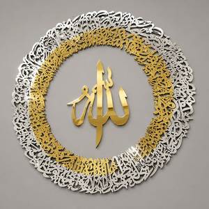 Arte islámico minimalista de lujo en oro y plata, acero inoxidable, Ayat ul Kursi, caligrafía árabe para decoración del hogar y regalo. - Product Image 1