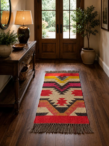 Southwestern Red Yellow Wool Jute <b>Runner</b> <b>Rug</b> Geometric Tribal Boho Kilim Handwoven Indian Hallway Entryway Floor Carpet - Product Image 3
