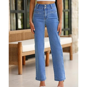 Jeans de Mezclilla Casuales para Mujer, Corte Recto, Cintura Alta, Ajuste Holgado, 100% Algodón Tejido, Color Azul Lavado - Product Image 2