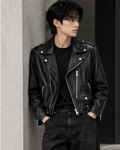 Veste de motard en cuir véritable noir pour homme, col rabattu court, fermeture éclair, ceinture à rivets - Product Image 4