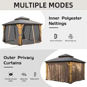Gazebo à toit rigide en bois de cèdre brun 12 'x 12' en acier galvanisé Double toit extérieur permanent en métal pavillon rideaux filet pour patio - Product Image 5