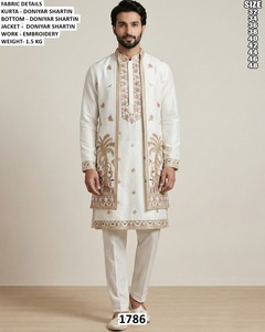 Ensemble Kurta Doniyar Shartin pour homme, couleur turquoise, avec broderies, coupe classique, longueur cheville, tenue traditionnelle pour les occasions de mariage - Product Image 3
