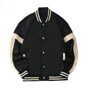 Men's Black Cream Varsity <b>Jacket</b> <b>Fleece</b> <b>Lined</b> Button Closure Turn-down Collar Regular Sleeve Solid Color Autumn Wear - Product Image 3