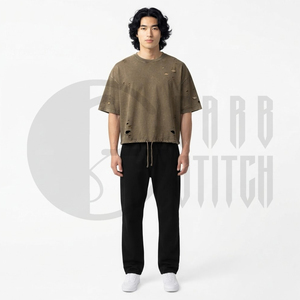 Camiseta Corta Oversize para Hombre, Estilo Desgastado, Color Sólido, Cuello Redondo, Manga Corta, Estilo Urbano, 100% Algodón Jersey, Aspecto Lavado - Product Image 3
