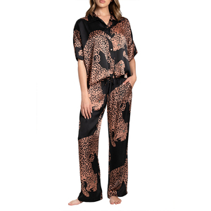 Ensemble de pyjama d'été sexy 2 pièces en satin imprimé uni brodé à la machine pour femme, doux comme de la soie, avec cordon de serrage, vente en gros OEM personnalisée - Product Image 1