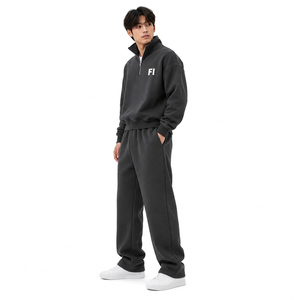 <b>Men's</b> Black Quarter-Zip 100% Cotton Breathable Sweatshirt Track Pant Set Relaxed Fit Winter Streetwear Casual Sportswear Custom - Product Image 2