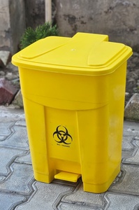 Yellow Rectangular Plastic Waste <b>Bin</b> With Flip <b>Lid</b> Biohazard Symbol Medical Use Indoor Outdoor Storage Bucket - Product Image 5