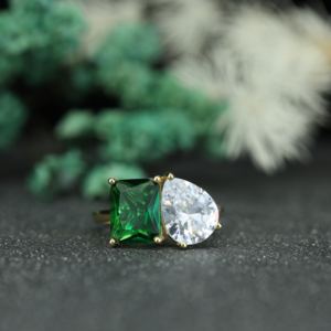 Luxury <b>Emerald</b> Cut Green Stone & Pear Cut Moissanite <b>Ring</b> 925 Sterling <b>Silver</b> Two Stone <b>Ring</b> Women Custom Jewelry Wholesale - Product Image 1