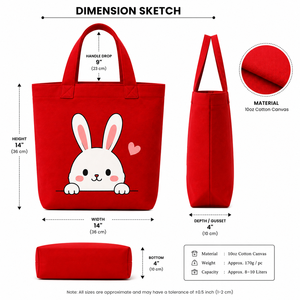 กระเป๋าผ้าแคนวาสสีแดงลายการ์ตูนกระต่าย พร้อมหูหิ้วด้านบนแบบปรับได้ ใช้ได้ทั้งชายและหญิง สำหรับช้อปปิ้งและเดินทางทุกฤดูกาล - Product Image 2