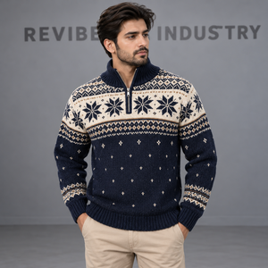 Suéter de punto para hombre con cremallera de un cuarto, diseño de copo de nieve, azul marino y crema, para Navidad, cuello alto, jersey de invierno, venta al por mayor OEM - Product Image 1
