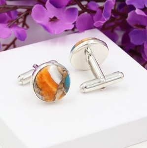 Boutons de manchette de luxe en argent sterling 925 avec turquoise et coquille d'ormeau orange, sertis clos, pour homme, cadeau de mariage pour témoin - Product Image 4