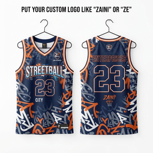 Maillot de basket pour homme en maille polyester premium 160 GSM, bleu marine et orange, avec panneau latéral graffiti, personnalisation par sublimation, broderie et logo par transfert thermique - Product Image 1