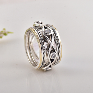 9KT gold and 925 <b>sterling</b> <b>silver</b> <b>ring</b> cubic zirconia gemstone <b>ring</b> Two Tone Designer <b>Ring</b> for Women and <b>Men</b> trendy <b>ring</b> for gift - Product Image 1