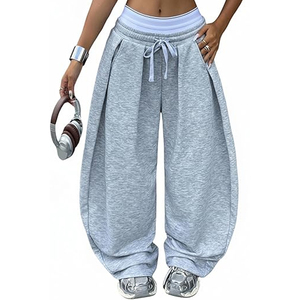 Pantalon de danse décontracté sportif ODM pour femme, gris automne, coupe ample, taille haute, jambe large, rayé, style hip-hop, nouveau style américain rétro - Product Image 1