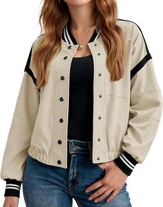 Chaqueta Bomber Beige para Mujer con Rayas de Contraste Negras, Cierre de Botones, Manga Larga, Estilo Deportivo Informal - Product Image 1