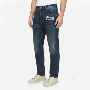 WIZE INTERNATIONAL Jean en denim coupe droite bleu foncé pour homme, taille haute, fermeture boutonnée, décontracté, 100% coton, délavé - Product Image 3