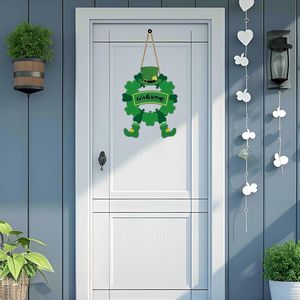 Decorazioni da parete per la festa di San Patrizio, ghirlanda in legno per porta d'ingresso con trifoglio, leprechaun con cappello a cilindro e piedi, decorazioni da appendere - Product Image 4