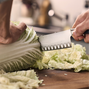 Silver Dimpled Santoku Kitchen <b>Knives</b> with Black Contoured Three Rivet Handle for Cabbage Chopping Vegetable <b>Slicing</b> and Prep - Product Image 6