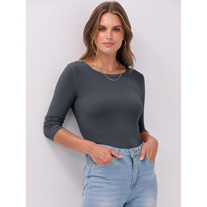Haut sans bretelles côtelé à manches longues pour femme, coupe ajustée, couleur unie, décontracté, printemps, extensible, mélange de spandex, vintage, respirant - Product Image 5