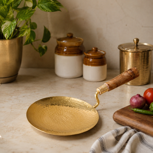 Hammered Brass Frying Pan Wooden Handle Handcrafted Brass Skillet Traditional Indian Cookware Brass Tawa Rustic Kitchen Decor - Product Image 2