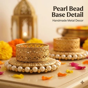 Support de bougie chauffe-plat en métal doré artisanal indien pour le festival Diwali, avec base et bordure en perles – Écologique, pour Noël et anniversaires - Product Image 4