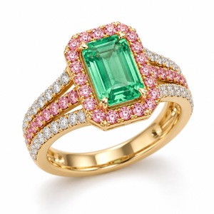 4.0 CTS Fancy Green Emerald Cut Pink Halo <b>Split</b> Band <b>Ring</b> Luxury 14K Yellow Gold IGI Certified Lab Grown Diamond Rhodium Plated - Product Image 1