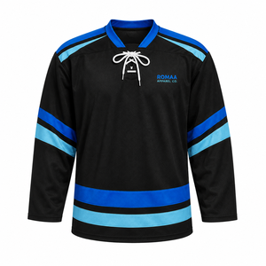 Camiseta de hockey sobre hielo para hombre, personalizada por sublimación, en negro, azul real y azul cielo, con cuello con cordones y número de nombre personalizado - Product Image 1