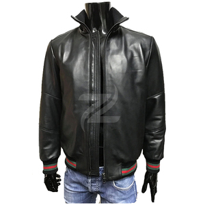 Blouson aviateur en cuir véritable noir pour homme, col montant, fermeture éclair, coupe classique, style moto, vêtement d'automne - Product Image 1