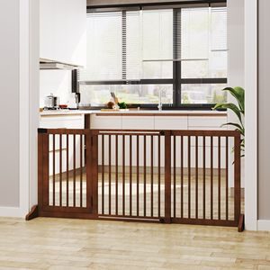 Puerta para Mascotas de Madera Marrón Ajustable, con Cerradura, 3 Paneles, Cierre de Botón, Moderna y Retráctil, para Gatos, Conejos y Pollos - Product Image 2