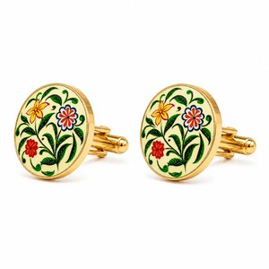 Boutons de manchette en laiton émaillé faits à la main – Motif bouquet floral multicolore, base ivoire, finition dorée - Product Image 1