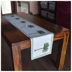 Nordic Woven Linen Canvas <b>Table</b> <b>Runner</b> 33x170 Hand Block Printed Palm Tree Plant Pattern for Home <b>Dining</b> Decor For Bulk Supply - Product Image 3
