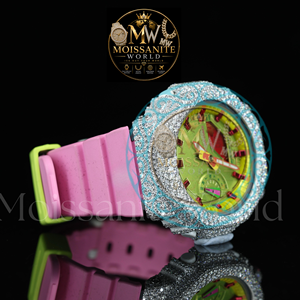 Montre analogique-numérique Bust Down avec lunette en moissanite VVS, bracelet en caoutchouc rose, boîtier rond, cadran pour femme, luxe et mode pour elle - Product Image 3