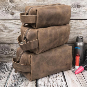 Genuine Leather Toiletry Bag Vintage Style Zipper Closure Soft Handle Large Capacity Cosmetic Travel <b>Case</b> for Men and Women - Product Image 1