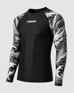 F2WIN Rashguard Unisexe à Manches Longues, Imprimé Vague de Dragon Noir, Séchage Rapide, Compression, Anti-Bactérien, Spandex/Polyester, Haut de Sport - Product Image 1