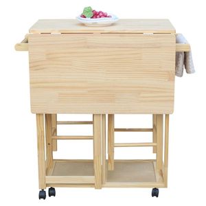 Solid Square Old Code 95835468 Natural Wood <b>Folding</b> Dining Cart with 2 Free <b>Stools</b> Kitchen Islands & Carts - Product Image 1