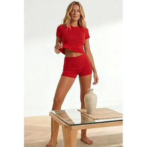 <b>Red</b> Knitted <b>Crop</b> <b>Top</b> And Shorts Set Crew Neck Solid Color Casual Summer Outfit For Women Above Knee Length Regular Fit - Product Image 1