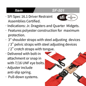 ชุดสายรัดนิรภัยสำหรับรถแข่ง TBRACING SF-501 ได้รับการรับรองมาตรฐาน SFI 16.1 แบบ 5 จุด สำหรับรถ Jr Dragsters และ Quarter Midgets ผลิตจากโรงงานไต้หวัน รับทำโลโก้ OEM - Product Image 5