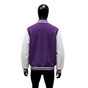 <b>Men's</b> Purple <b>White</b> Varsity <b>Jacket</b> Fleece Casual Turn-down Collar Regular Sleeve Single Breasted Solid Pattern Autumn Wear SALE - Product Image 2
