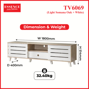 Mueble de TV Moderno para Salón de 180 cm, Color Roble Somana Claro con Blanco, 2 Puertas Corredizas, Cajón, Fácil Montaje, TV6069, para Villa o Apartamento - Product Image 6