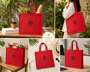 Sac fourre-tout en jute rouge 400x350x100mm avec poignée en sangle de coton et bordure passepoilée pour usage quotidien - Product Image 6